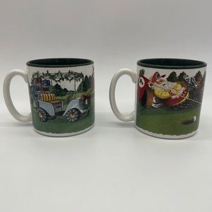 Potpourri Golfing Santas Jeanne Beury 1994 Made in Korea 12 oz set of Mugs